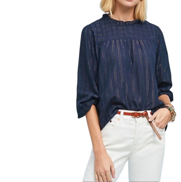 MAEVE By‎ Anthropologie Resto Navy Blue/Metallic Smocked Ruffle Neck Blouse SZ M - Picture 1 of 13